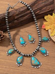 1 Set de collar y aretes de mujer, estilo bohemio retro, de aleación de zinc con cuentas, adecuado para combinar con atuendos, uso diario y vacaciones