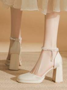 (Suggest Ordering One Size Up) Pearl Waterproof Platform Thick Heel Pumps Women, New Square Toe Mid Heel Dress Shoes To Pair With Skirts