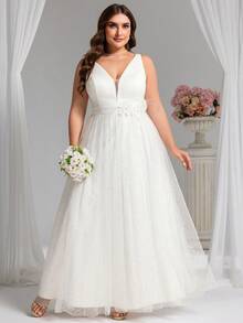 浪漫深V领无袖腰部贴花闪光婚纱夏季新娘草坪婚礼派对小白裙 - 白色 - 查看 7