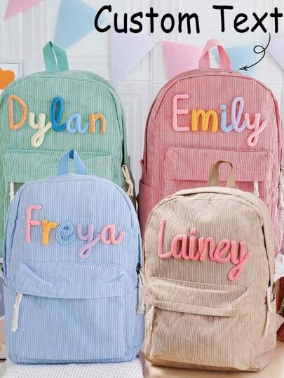 1pc Customized Corduroy Backpack For Men, Handmade Letter Embroidered, Colorful Fabric Casual Daypack, All-Purpose, Large Capacity, Versatile, Multifunction, Colorful, Cute, Adorable, Contracted, Funny, Kawaii, Y2K, Minimalist, Commuting, Business Casual, Basics, Custom, Personalized, Unique, Customized, Her, Family, Friends, Girlfriend, For Anniversaries, For Birthdays, For Holiday/ Vacation, For Outdoors/Outings/Travel/Hiking/Stadium/Sports/Climbing, For Business/Commute/Work/Office, Customized Women Bags