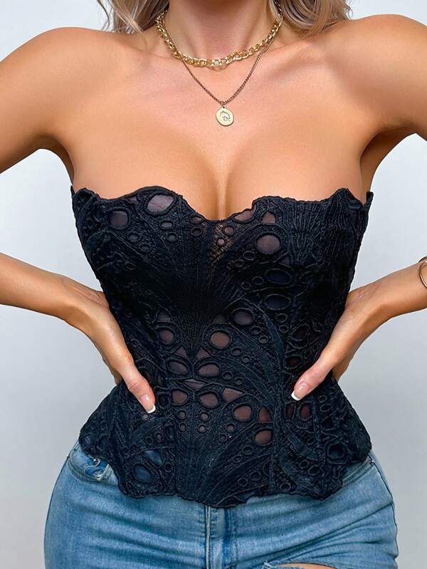 1pc Black Textured Sheer Floral Lace Corset Hollowed Out Bustier Crop Top For Daily Wear/Party/Wedding