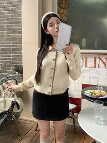Cardigan con scollo a polo e maniche lunghe con volant stile vintage per donna, autunno inverno - Albicocca - Visualizzare 5