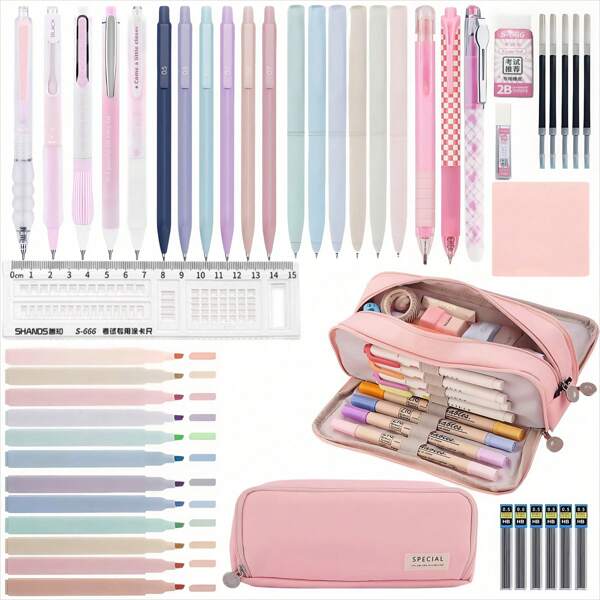 48PCS Morandi Stationery Set,Large Capacity Pencil Case,5PCS Black Gel Pens,6PCS Morandi 0.5mm Mechanical Pencil,12PCS Color Pastel Highlighters,Sticky Note,Eraser,Ruler,Cute Office School Supplies Gifts For Women Men,School Supplies