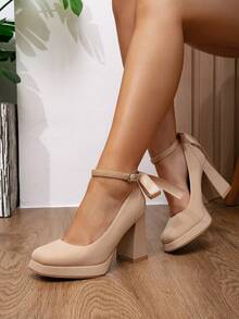 时尚派对鞋，秋季款，缎带蝴蝶结厚底高跟鞋，适合女士、婚礼服饰 - 杏色 - 查看 2