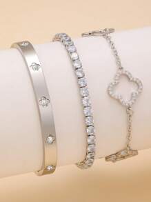 Pulsera de acero inoxidable con trébol de cuatro hojas de circonita en estilo retro personalizado, joyería de uso diario para mujeres