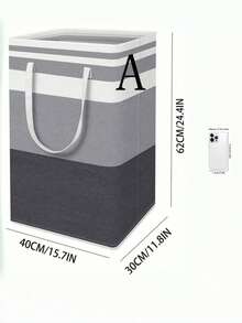 1 pieza Cesta de lavandería de lona con asa larga, tamaño grande, bolsa de transporte a rayas, cesta de ropa sucia de tela impermeable, cesta de almacenamiento de ropa de estilo simple, bolsa de almacenamiento plegable para artículos varios, cesto de ropa sucia de gran capacidad - Gris - Ver 2