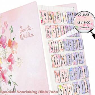 80 pièces d'onglets pour Bible espagnole - Résumés des livres nourrissant l'âme - Onglets laminés autocollants pour Bible en gros caractères, nom du livre de la Bible + phrase inspirante du livre, onglets des livres de la Bible pour l'étude de la Bible. Fournitures scolaires, rentrée des classes