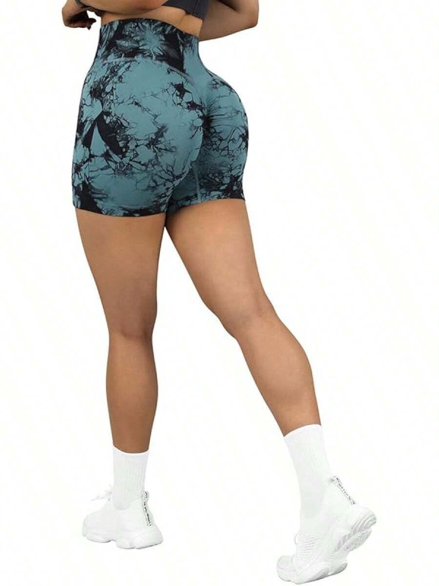 Shorts de cintura alta sin costuras para entrenamiento - Teñido anudado verde oscuro de 3" - Ver 1