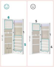 Armoire à Bijoux, Meuble de Rangement Mural pour Colliers, Boucles d'Oreilles, Placard à Accessoires, avec Miroir, Divers Compartiments, Verrouillable, Blanc/ Blanc et Doublure Grège - Blanc et Doublure Grège - Voir 7