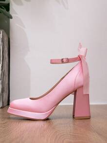 时尚派对秋季女鞋，撞色系带蝴蝶结粗跟防水台高跟鞋，优雅 - 粉色 - 查看 6