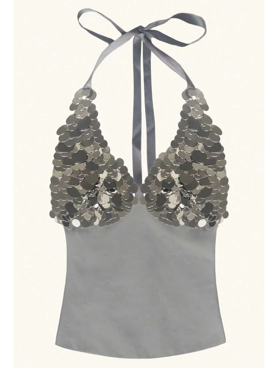Women Sequin Halter Tops Sleeveless Tie Back Backless Glitter Tank Tops Sparkly Party Rave Going Out Top - Bạc - Xem 1