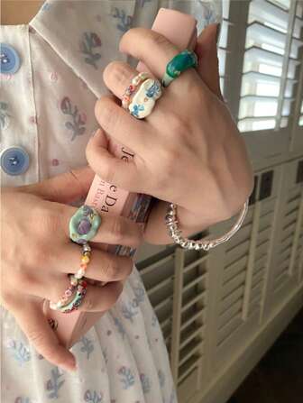 2025 Colorful Enamel Sweet Flower Ring Geometric Dripping Oil For Women Girls Funny Chunky Jewelry Summer NEW