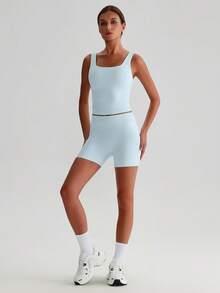 MASKERT “运动胸罩”女士长款裸感健身背心，内置护垫，露背设计，适合跑步和健身 - 淺藍色 - 查看 6