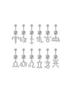 1 bucată culoare argintie culoare auriu-roz douăsprezece constelații zirconia sexy lung inel pentru buric piercing din oțel chirurgical femei inel pentru buric