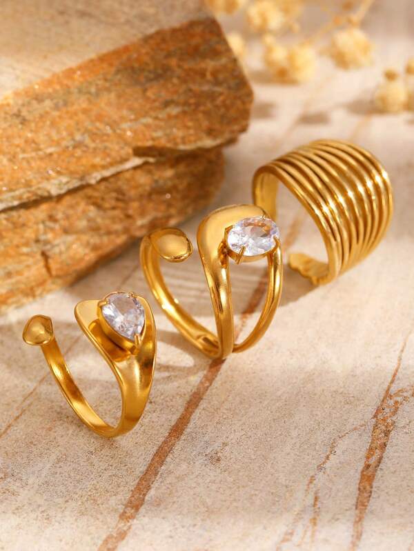 3pcs Stainless Steel Hollow Stackable Rings, Fashionable Gold Color Jewelry Suitable For Women's Daily Wear
