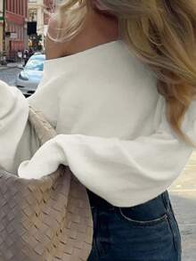 女士休闲优雅纯色露肩蝙蝠长袖常规套头衫针织露肩套头衫短款上衣可爱毛衣，春夏秋季返校 - 米色 - 查看 4