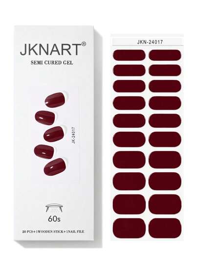 JKNART 20pcs/Set Semi-Cured Rose Red Nail Polish Stickers, Nail Art UV Gel Nail Wraps, Soak-Off Gel Nail Strips, Easy To Apply And Remove (Need UV Light)