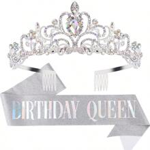 2 Pieces/Set Baroque Rhinestone Birthday Princess Belt Birthday Queen Crown Tiara Rhinestone Birthday Headband Birthday Ribbon Pearl Pin Happy Birthday Crown And Belt Birthday Party Party Decoration Bridal Headpiece Adds A Touch Of Elegance To Your Party Decoration Party Supplies Ribbon
