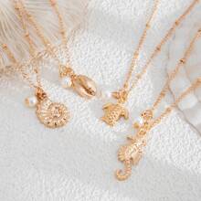 1pc Ocean Themed Sea Horse & Turtle Alloy Pendant Necklace, Minimalist Pearl Bead Strand Choker Necklace