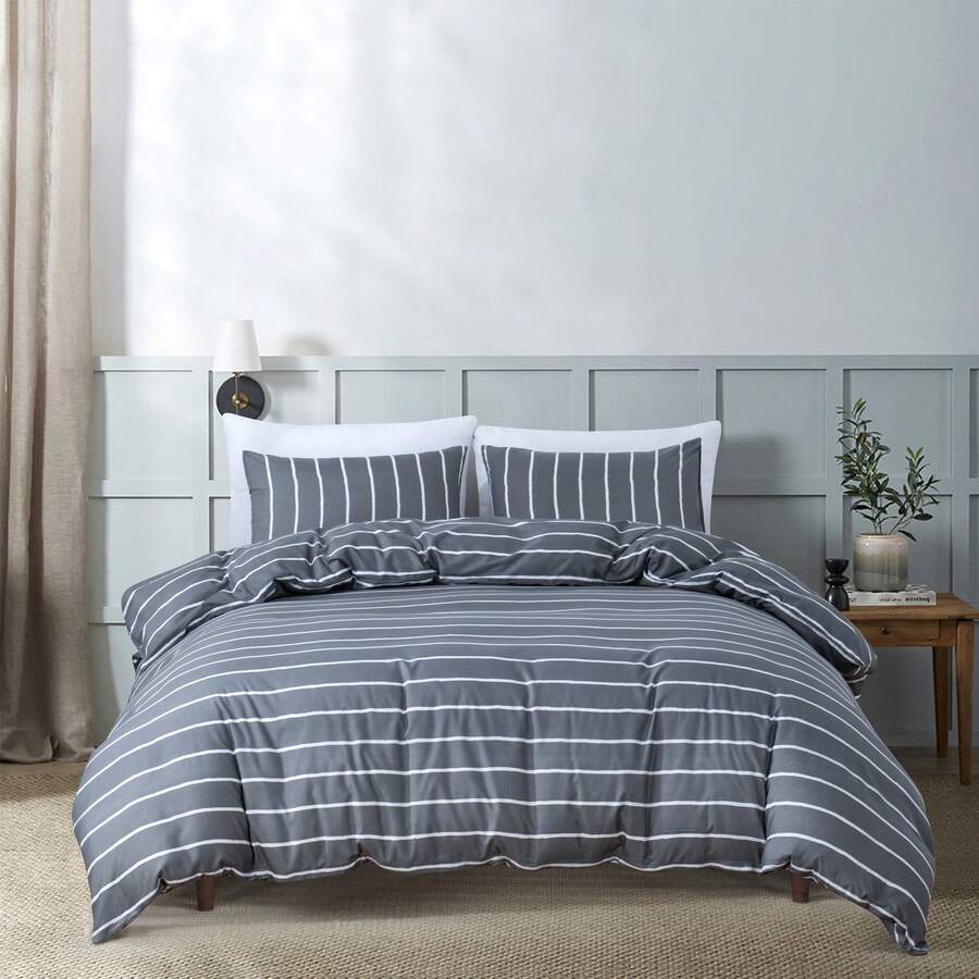 Grey And White Striped Comforter Set Microfiber 2/3pieces Queen Duvet Cover Set Full 90"X90"With Zipper Closure And 2 Pillow Shams Soft Lightweight Hotel Grey Bedding Set Gray Striped Duvet Cover Set - 灰白 - 查看 1