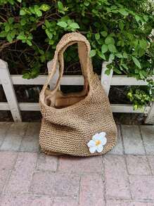 Yogodlns Bolso de hombro de paja de moda para mujer, bolso tejido femenino de gran capacidad, bolso de playa de paja de verano, bolso casual de mano, bolso de compra hecho a mano de ganchillo, bolso de hombro de verano de mujer con tejido hueco de gran capacidad, bolso de playa de malla, bolso de mano