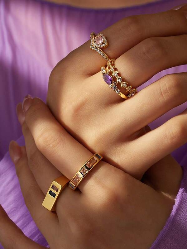 Charm-In 18K Gold Plated Brass Zirconia Heart Shaped Ring, Exquisite & Elegant Luxury Vintage Fashion Statement Ring, Purple Zirconia Cocktail Ring, Graceful High-End Work Style, Great Valentine' S Day Gift