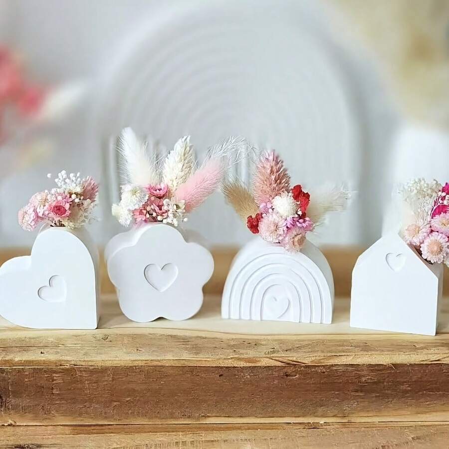 1pc Flower House Heart Rainbow Flower Vase Silicone Mold, Small Vase Decor, Aromatherapy Plaster Mold - White - View 1