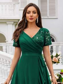 MIUSOL فستان سوينغ أنيق للحفلات والسهرات، ذو رقبة على شكل حرف V مزين بالترتر والدانتيل والشيفون المكشكش، مناسب لحضور حفلات الزفاف والعشاء