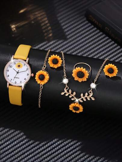 6PCS Yellow PU Leather Strap Women's Watch Set Fashion Fresh And Simple Flower Elements Quartz Watch Bracelet Necklace Earrings Set Suitable For Daily Clothing Matching Perfect Gift For Her