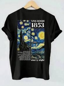 Blusa de verano informal con camiseta tributo a la pintura "La noche estrellada" de Van Gogh y estampado de números 1853, blusa de primavera y verano cómoda, de cuello redondo y mangas cortas, camiseta gráfica para mujeres