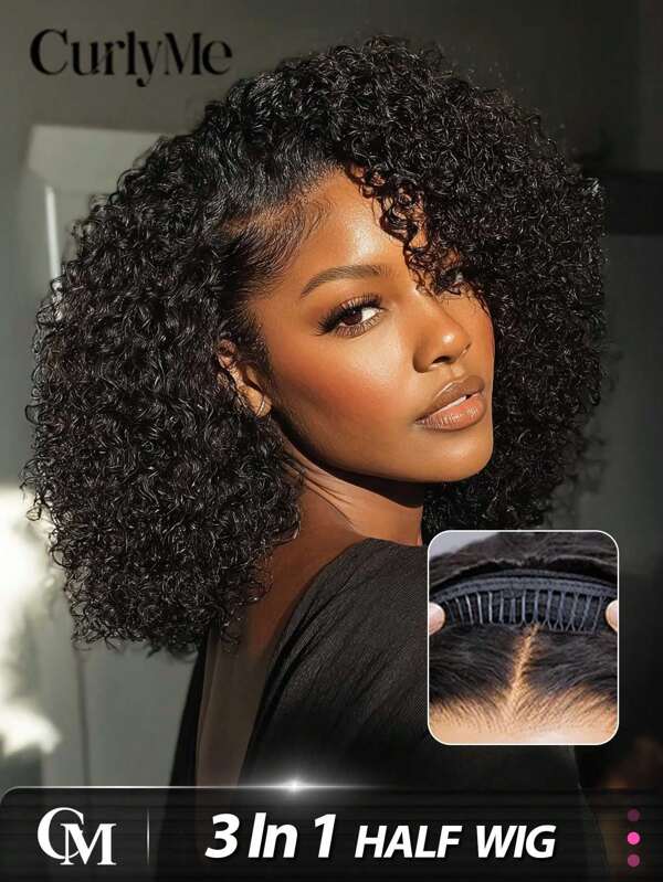 CURLYME Perruque mi-longue bouclée en cheveux humains 3-en-1, sans couture, bouclée frisée, sans colle ni dentelle, densité de 180 % , longueurs de 14 à 28 pouces, couleur noir naturel avec ligne de cheveux naturelle. Convient aux débutants, pour les sports, vacances, festivals, proms, extérieur, cosplay, campus, école, plage, mariage, camping, vacances, tenues d'été, charme, élégant, décontracté, mode Y2K, styles SS25