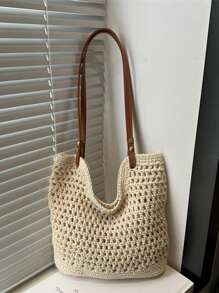 Women Summer New Versatile One Shoulder Beach Vacation Woven Straw Tote Bag