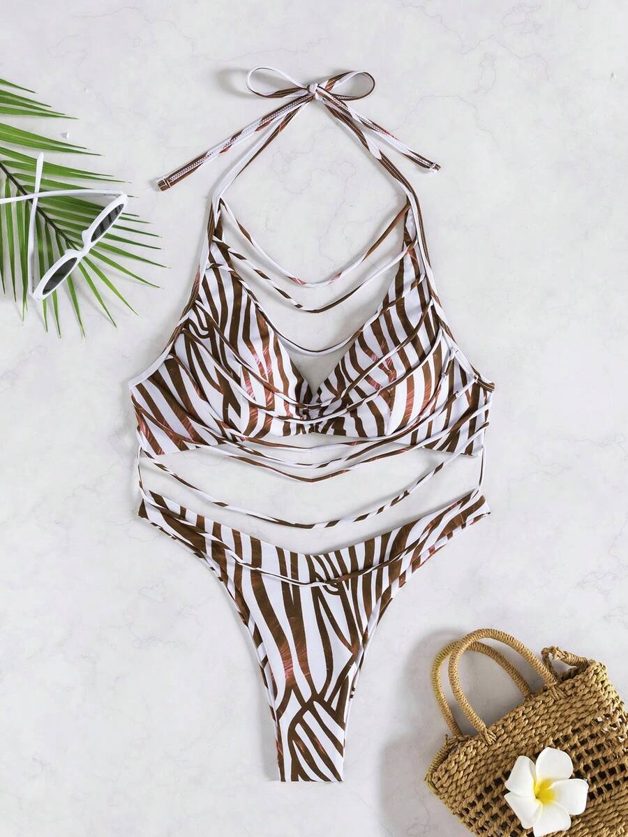 女式性感吊带系带比基尼上衣和高腰低腰比基尼下装套装