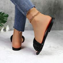 lunryet Women's Square Open Toe Slides Braided Woven Single Band Slip On Flat Sandals Tua-1 - Black - View 3