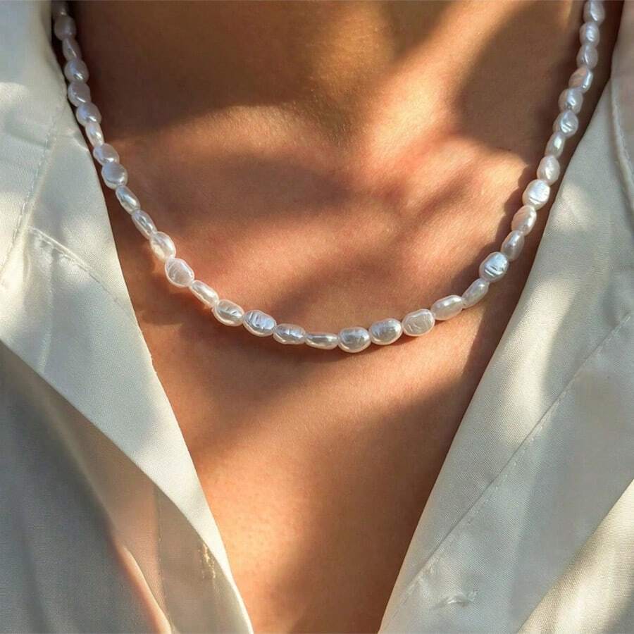 1pc Summer Fashion Baroque Asymmetrical Pearl Necklace, Men's Jewelry