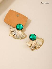 1 paire de boucles d'oreilles clous élégantes de style français en métal et pierre précieuse verte en forme d'éventail, convenant aux femmes pour les fêtes, mariages, anniversaires, vacances, fiançailles.