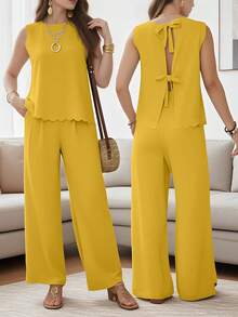 Summer Women'S Sleeveless Strappy Tie-Waist Pants, New Fashion Pants. - Màu vàng - Xem 2