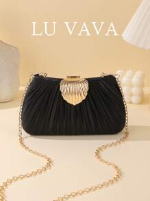 LU VAVA Black Pleated Bride Clutch: Gold Clamshell Lock & Detachable Chain - Formal Evening Essential,BridalPartyClutch,GoldAccentBag,DesignerEveningBag,LuxuryPleatedClutch,WeddingGuestStyle