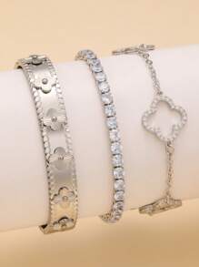 Pulsera de acero inoxidable con trébol de cuatro hojas de circonita en estilo retro personalizado, joyería de uso diario para mujeres