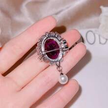 Women's Luxury Oval Purple Zirconia Faux Pearl Brooch Necklace Set