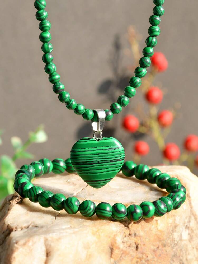 Set de 2 piezas de collar y pulsera de piedra de Sodalita de estilo vintage natural, colgante en forma de corazón, pulsera hecha a mano con cuentas, regalo especial - Multicolor - Añade 4