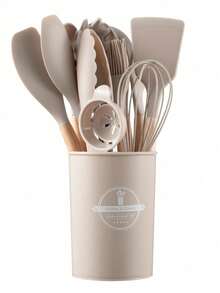 Juego de 14 utensilios de cocina con mangos de madera, que incluye espátula, cuchara y pincel para aceite con recipiente de almacenamiento. Utensilios resistentes al calor ideales para cocinar y hornear en el hogar. - Multicolor - Ver 10