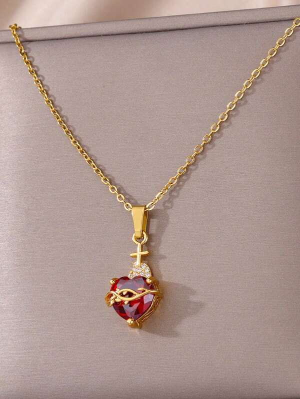 1pc New Europe And The United States Retro Creative Fashion Red Heart-Shaped Golden Stainless Steel Necklace Necklace Accessories For Women'S Daily And Holiday Celebrations Party Wear Holiday Party Gifts Four Seasons Are All Suitable