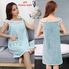 Ladies' Bath Towel, Pocket Wearable Bath Towel, Ultra Soft Adjustable Bathrobe, Bathroom Beach Swimming Changing Clothes, Ideal Household Items, Beach Essentials, Coral Fleece Bath Skirt, Multifunctional Bath Towel+Bath Flower - Green - View 2