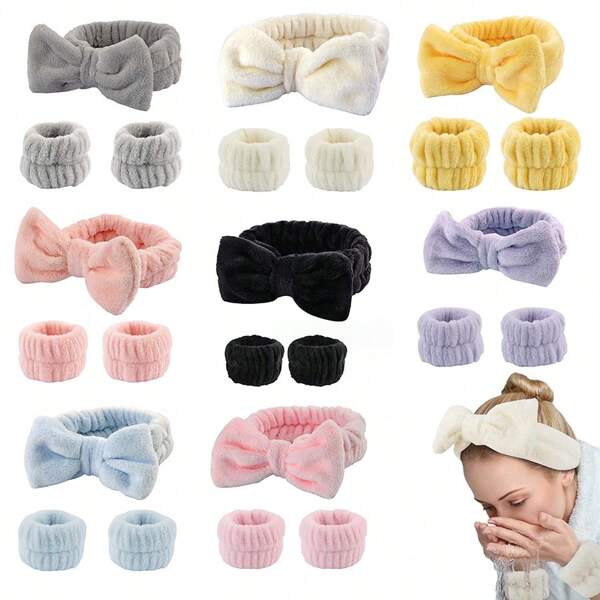 3pcs Facial Headband Set (Bow Knot Headband, Headband+Wristband, Towel Wristband) - Reusable Spa Headband And Wristband, Solid Color Fluffy Headband, Plush Hairband, Yoga Headband, Fine Fiber Hairband, Women's Wristband, Facial Makeup Headband With Adjustable Elastic Band - Suitable For Bathroom Cleaning, Travel Essentials And Gifts