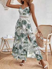 Tropical Print V-Neck Lace Dress, Thigh Slit Summer Dress With Spaghetti Straps - màu xanh lá - Xem 2