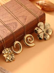 1件装 时尚复古极简镂空花朵几何吊坠项链，女士节日礼物及日常配饰 - 金黃色 - 查看 4
