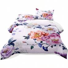 Purple Pink Floral Comforter Set: Twin Size Pretty Botanical Bed Set With Pink Flower Quilt