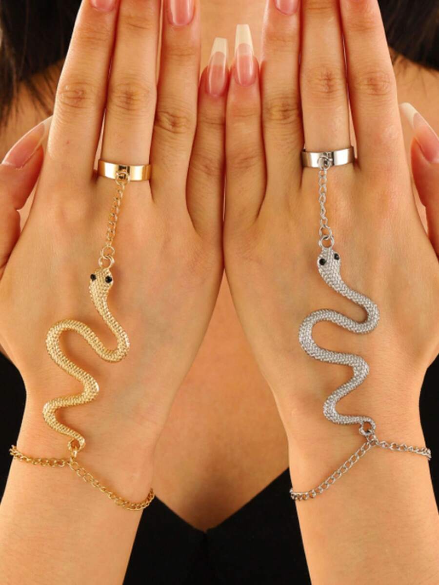 1 件时尚简约蛇形吊坠肚皮舞手链配饰铁材质链条戒指手链适合男女佩戴日常休闲度假装饰舞蹈服装搭配饰品礼物 - 舞蹈連指手鍊美女蛇 - 查看 1