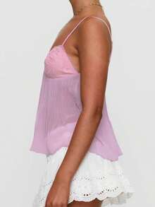 Women's Pleated Camisole Mini Bowknot Front Spaghetti Strap V-Neck Lace Cropped Tops - Pink - View 6